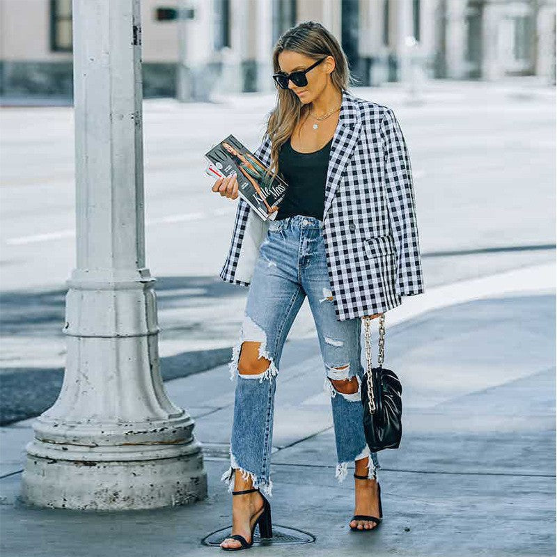 Damen High-Waist Mom-Jeans mit modischen Rissen und fransigem Saum R&B