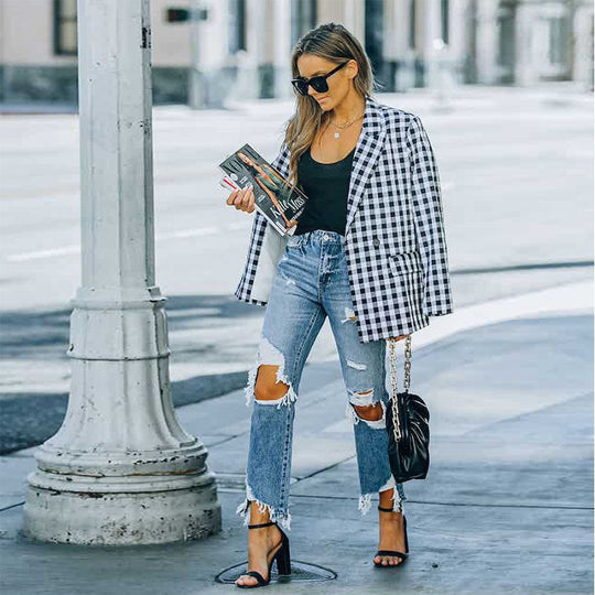 Damen High-Waist Mom-Jeans mit modischen Rissen und fransigem Saum R&B