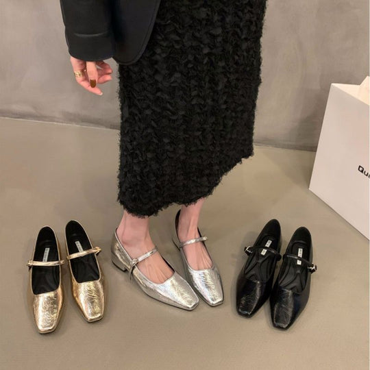 Damen elegante Ballerinas mit glänzender Metalloberfläche und komfortabler Ferse R&B