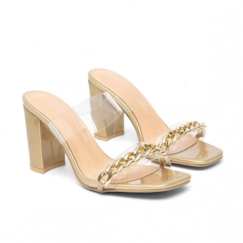 Damen transparente Slingback-Sandalen mit elegantem Blockabsatz und Metallkettendetail R&B