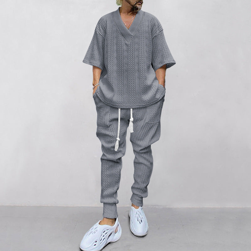 Herren nan lässiges Strickset mit V-Ausschnitt und Kordelzug-Joggerhose R&B