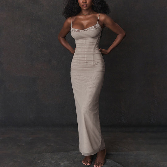 Damen Figurumspielendes Maxikleid mit eleganter Raffungen und Spaghetti-Trägern R&B
