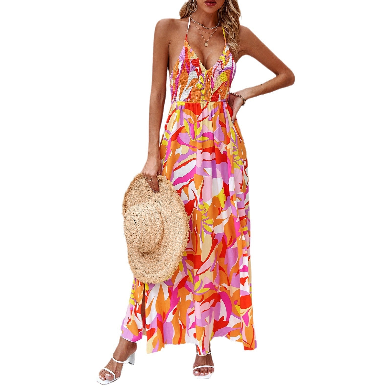 Damen Maxikleid mit tiefem V-Ausschnitt und seitlichem Schlitz R&B