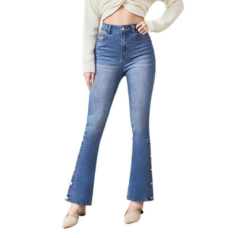 Damen Bootcut Jeans mit dekorativen Knopfdetails R&B