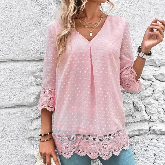 Damen Bluse mit Spitzenbesatz und gepunktetem Design Heidi-Mode