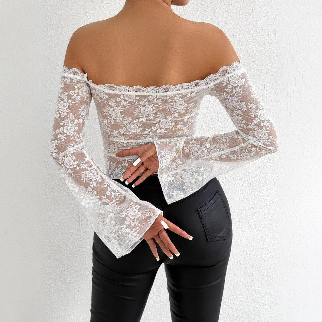 Damen Spitzenoberteil mit schulterfreiem Design und eleganten Trompetenärmeln