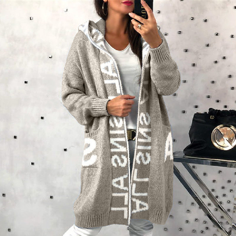 Damen Langarm-Strickcardigan mit Kapuze und praktischen Taschen R&B