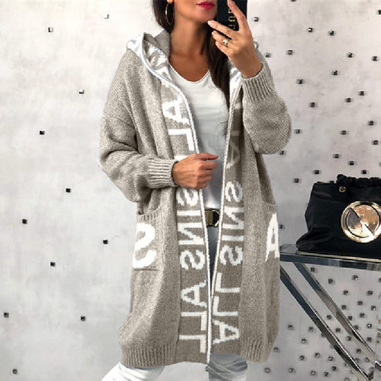 Damen Langarm-Strickcardigan mit Kapuze und praktischen Taschen R&B