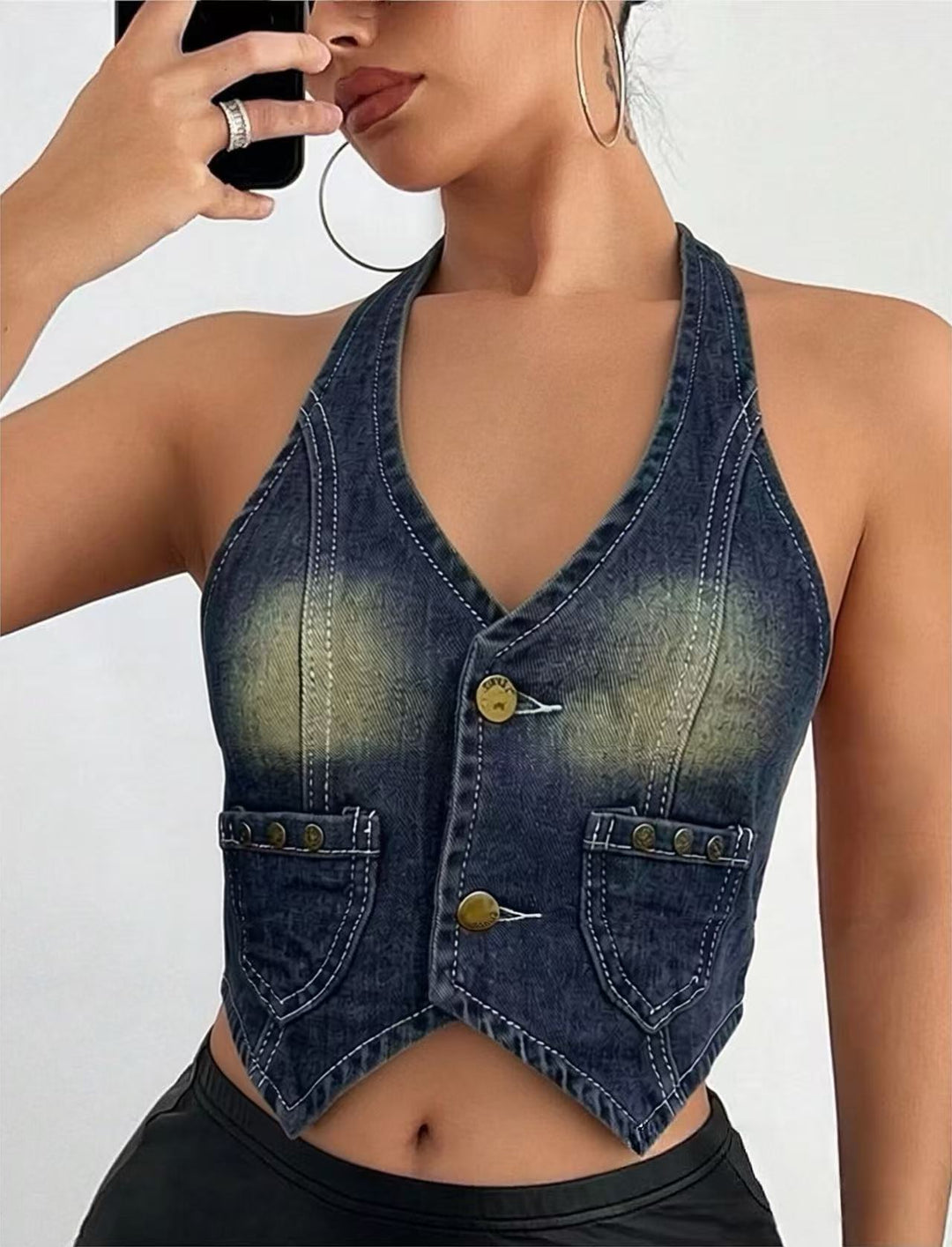 Damen Denim Bustier-Jacke mit Knopfdetails und aufgesetzten Taschen R&B