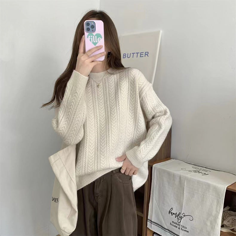 Damen Grobstrickpullover mit modernem Zopfmuster und hohem Rundhalsausschnitt R&B