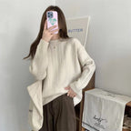 Damen Grobstrickpullover mit modernem Zopfmuster und hohem Rundhalsausschnitt R&B