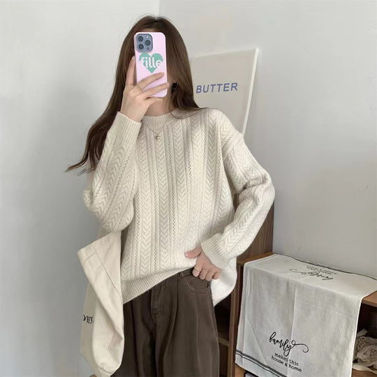 Damen Grobstrickpullover mit modernem Zopfmuster und hohem Rundhalsausschnitt R&B