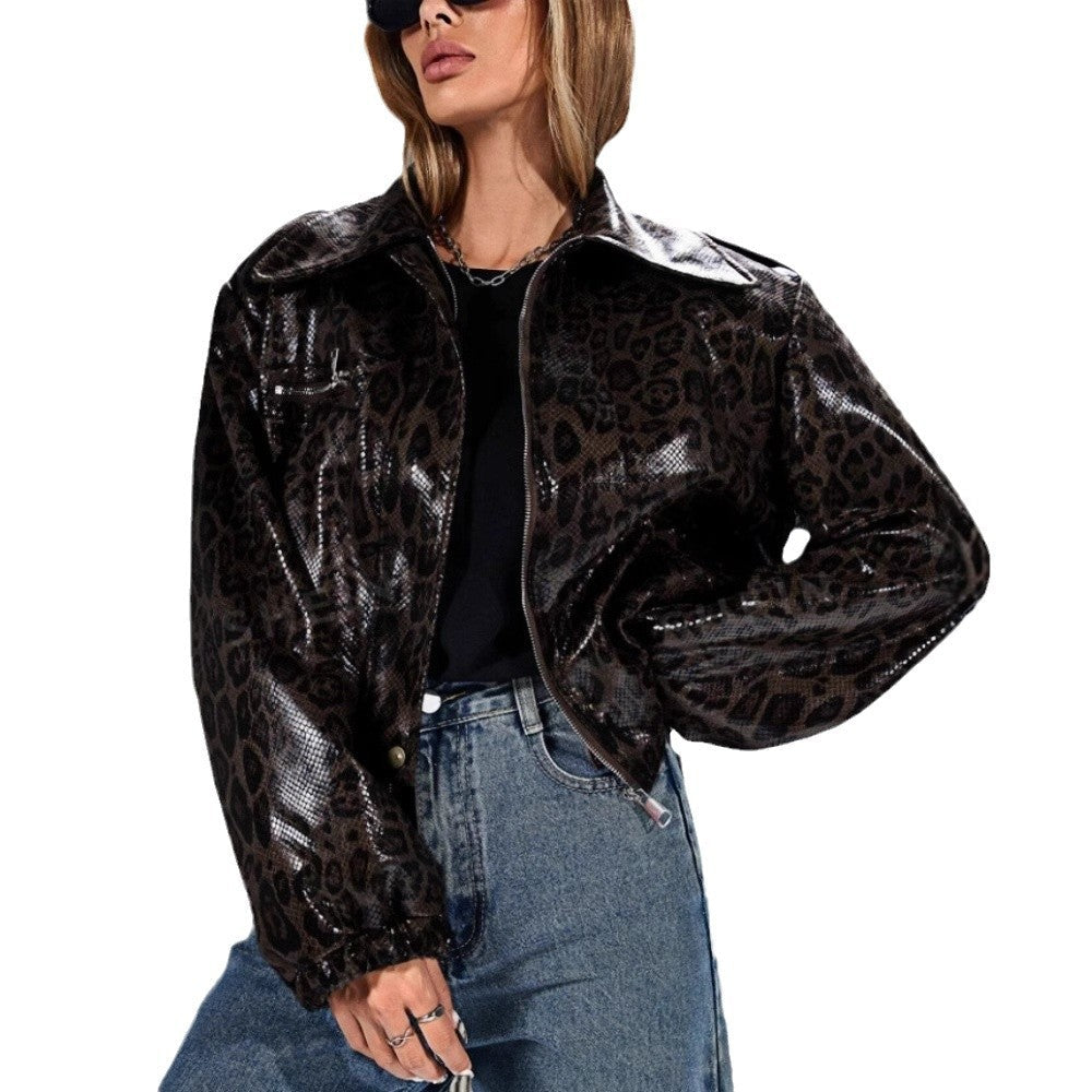 Damen Kunstleder Bikerjacke im Leo-Design R&B