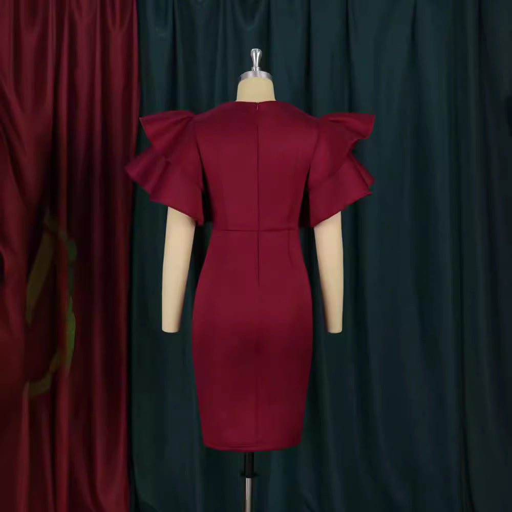 Damen figurbetontes Midi-Kleid mit voluminösen Rüschensäumen und Glitzerakzenten R&B