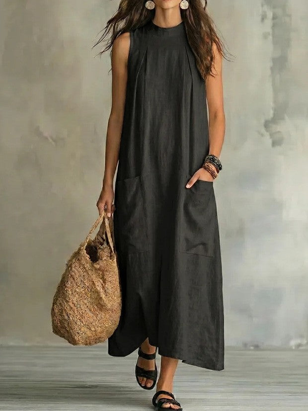 Damen nan ärmelloses Leinen-Maxikleid mit Stehkragen, Brustfalten und aufgesetzten Taschen R&B