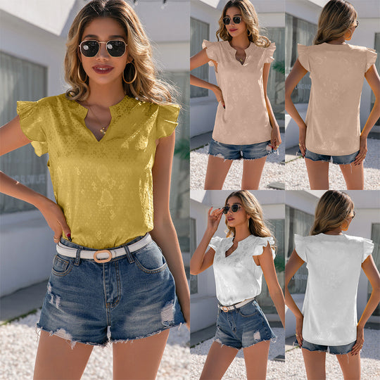 Damen elegantes Kurzarmbluse mit Rüschenkragen und V-Ausschnitt R&B