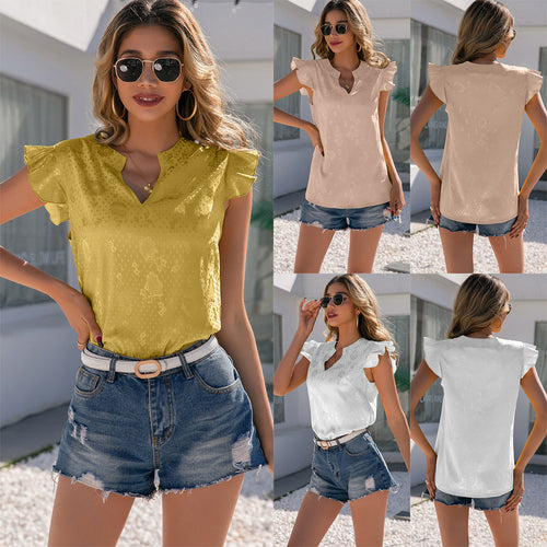 Damen elegantes Kurzarmbluse mit Rüschenkragen und V-Ausschnitt R&B