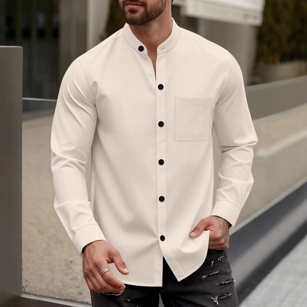Herren Langarmhemd mit modischem Stehkragen und praktischer Brusttasche R&B
