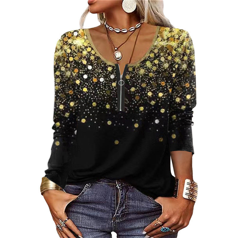 Damen Langarmshirt mit schimmerndem Glitzerdetail und halsfernem Reißverschluss R&B
