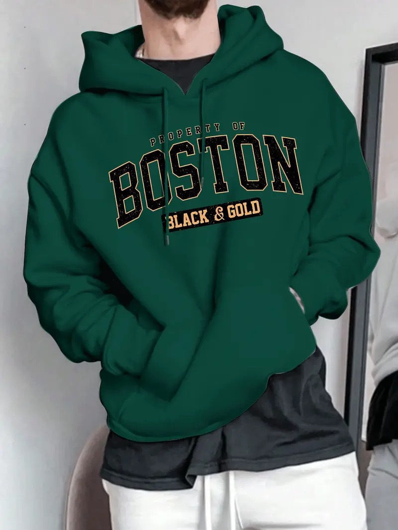 Herren Kapuzensweater mit auffälligem Boston-Print und weicher Innenseite