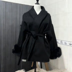 R&B | Damen Woll Winterjacke mit Fellmanschetten und Taillengürtel