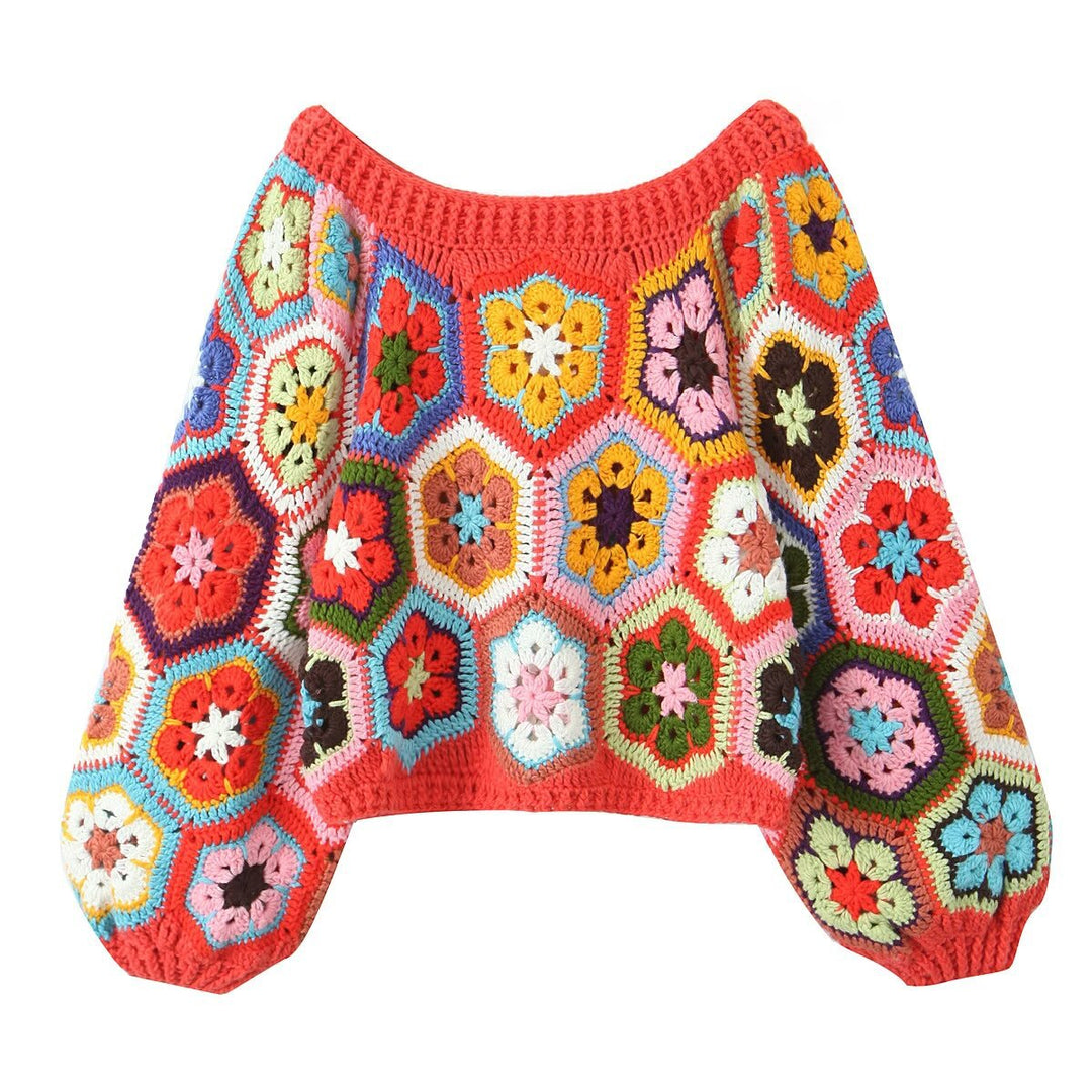 Damen lässiger, handgefertigter Pullover mit floralen Häkelmotiven R&B
