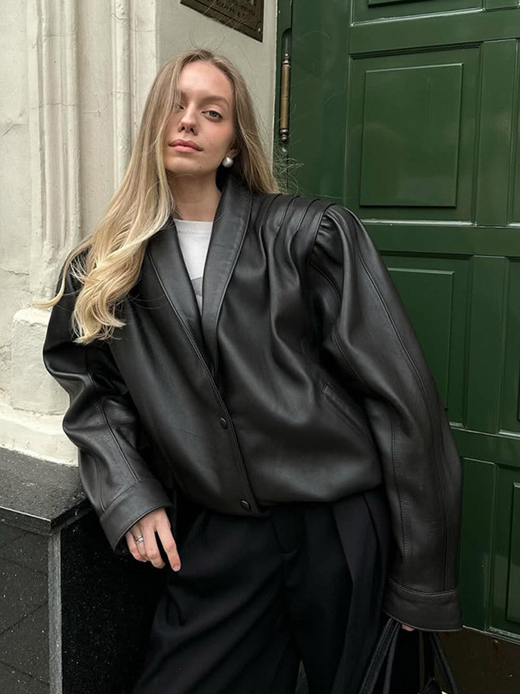 Damen lässige Kunstlederjacke mit voluminösen Ärmeln R&B
