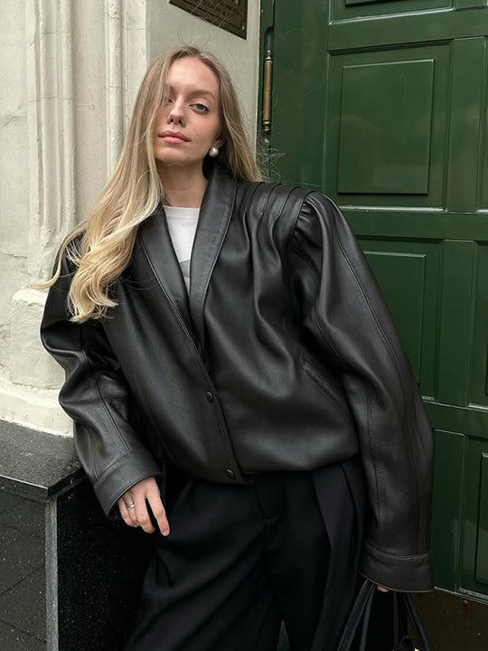 Damen lässige Kunstlederjacke mit voluminösen Ärmeln R&B