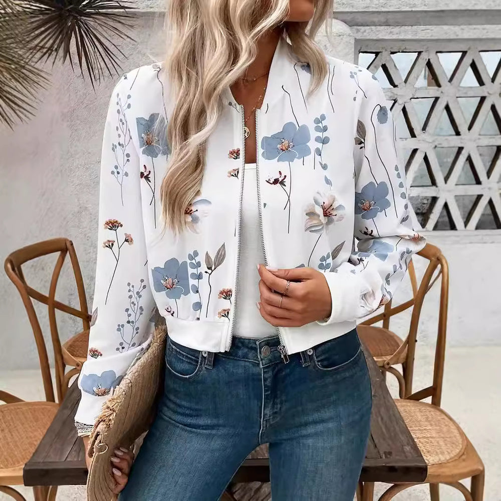 Damen Bomberjacke mit floralem Design und elastischen Bündchen R&B