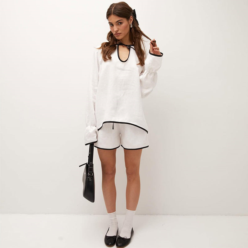 Damen luftiges Leinen-Loungewear-Set mit lockerem Oberteil und Shorts R&B