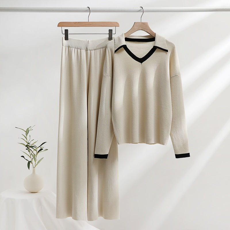 Damen gemütliches Strick-Loungewear-Set mit kontrastierendem Kragen und weitem Bein R&B