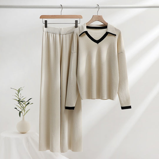 Damen gemütliches Strick-Loungewear-Set mit kontrastierendem Kragen und weitem Bein R&B