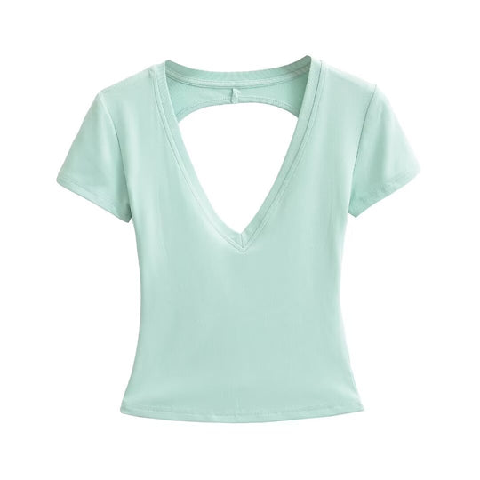 Damen modisches V-Ausschnitt T-Shirt mit offenem Rücken R&B