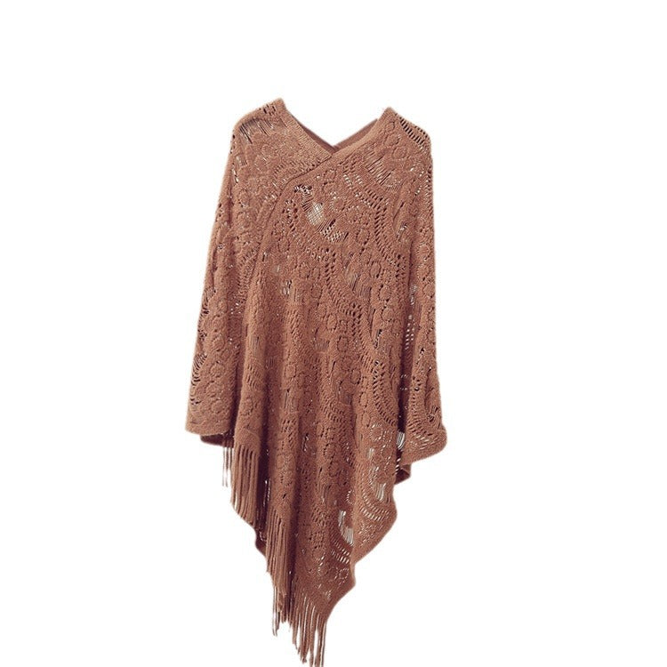 Damen Strickponcho mit kunstvollen Häkelmustern und Fransen R&B