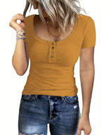 Damen Kurzes T-Shirt mit Knopfdetails und Rippstruktur R&B