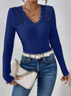 Damen nan figurbetontes Spitzen-Langarmshirt mit gezacktem V-Ausschnitt R&B