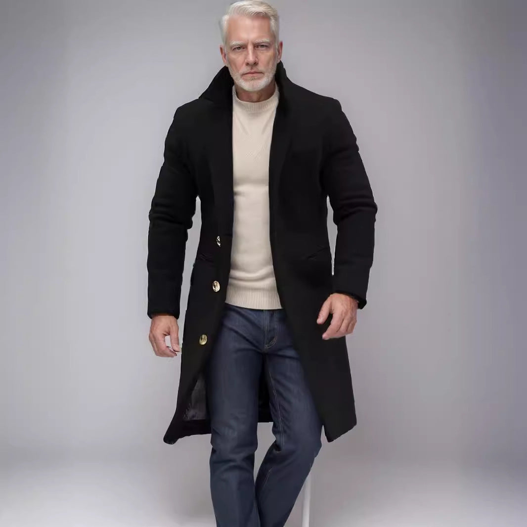 Herren eleganter langes Wollmantel mit schmalem Schnitt und goldenen Knöpfen R&B