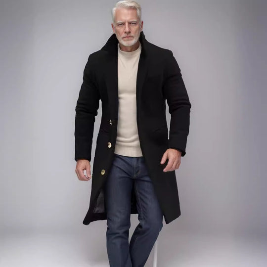 Herren eleganter langes Wollmantel mit schmalem Schnitt und goldenen Knöpfen R&B