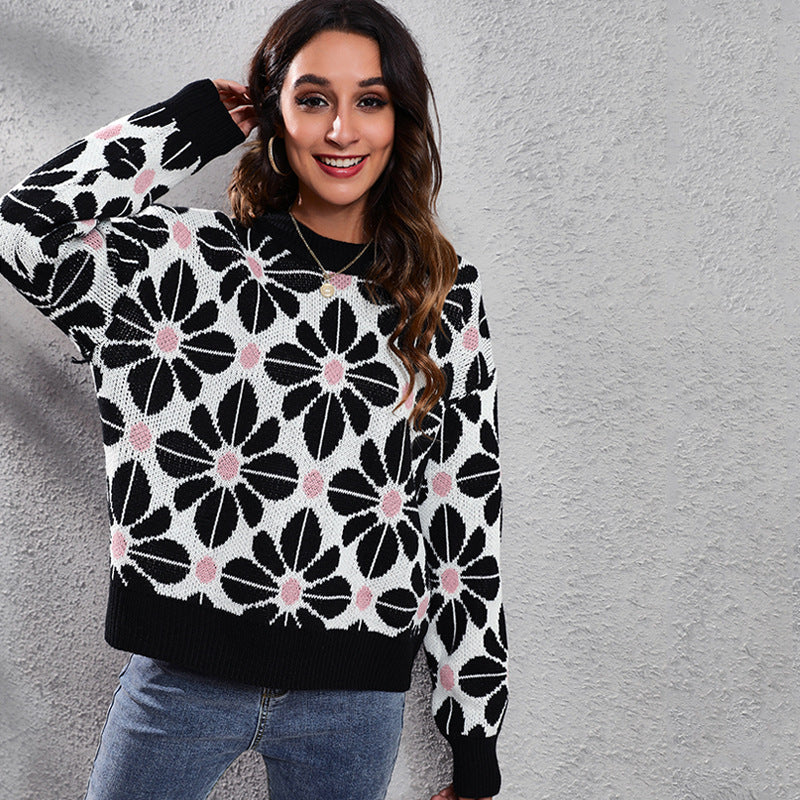 Damen Gemusterter Strickpullover mit floralem Design und hohem Kragen R&B