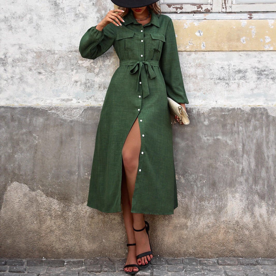 Damen Hemdblusenkleid mit Taillengürtel und Knopfleiste R&B