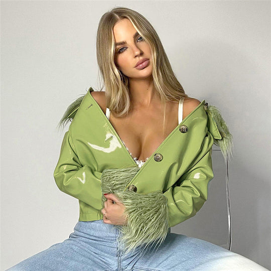 Damen modische Jacke mit luxuriösem Kunstpelzkragen und glänzender Oberfläche R&B