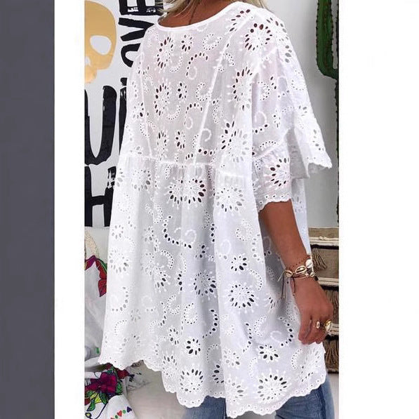 Damen Bluse mit floralen Stickereien und weiten Ärmeln R&B