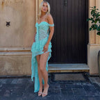 Damen asymmetrisches Spitzenkleid mit Rüschendetails R&B