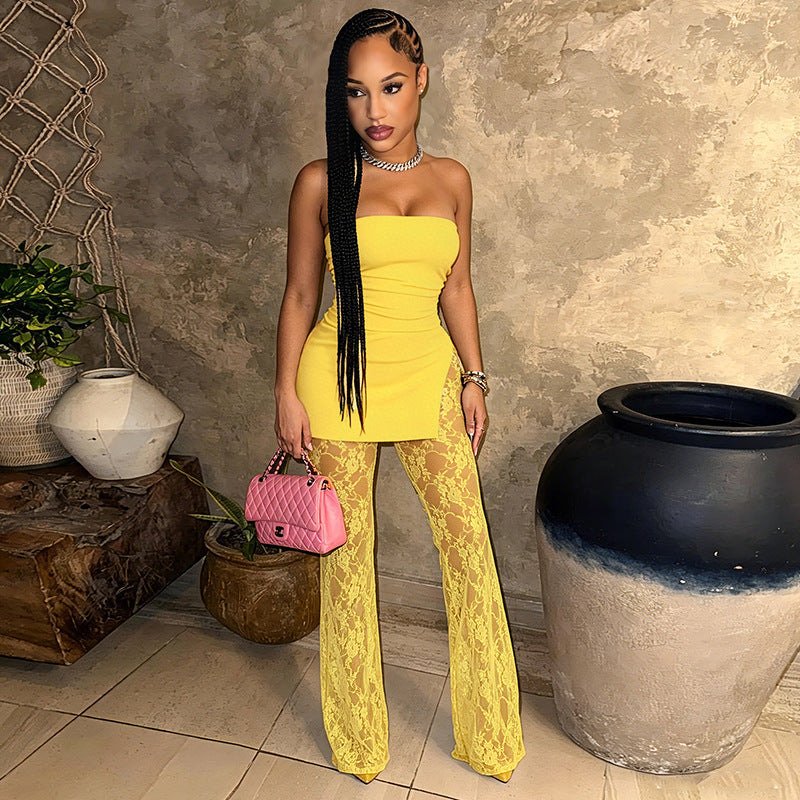 Damen Hochwertiger Jumpsuit mit Lagenlook und Spitzenakzenten R&B