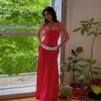 Damen elegantes Maxikleid mit schimmerndem Halterdesign und glitzerndem Taillengürtel R&B