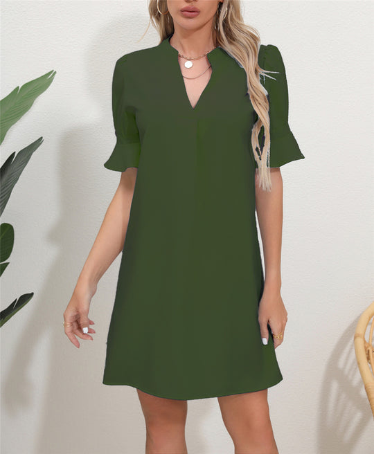 Damen Elegantes Kurzarm-Kleid mit V-Ausschnitt und Schößchen R&B