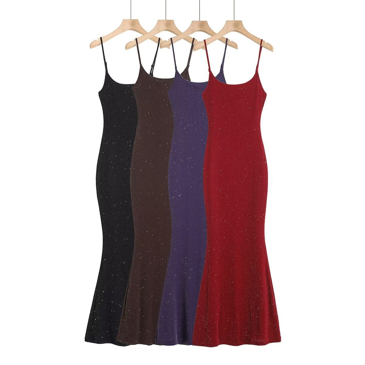 Damen Glamouröses Maxikleid mit eleganten Spaghetti-Trägern und ausgestelltem Saum R&B
