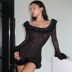 Damen Elegantes transparentes Kleid mit luxuriösem Kunstfellkragen R&B