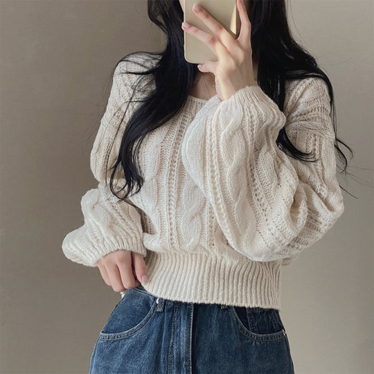 Damen modischer Strickpullover mit Kabelmuster und weitem Schnitt R&B