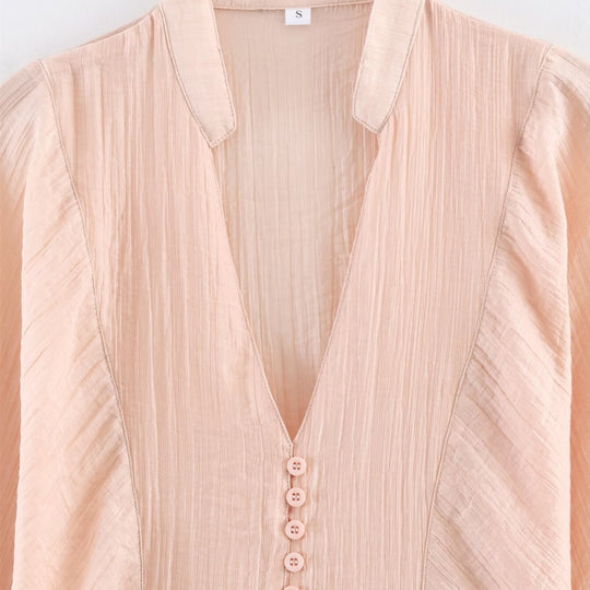 Damen elegante Bluse mit tiefem V-Ausschnitt und strukturierten Ärmeln R&B